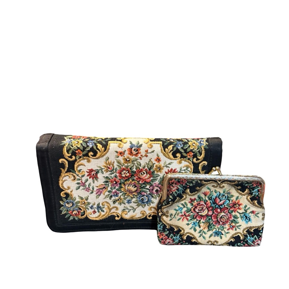 Vintage Walborg Floral Tapestry Clutch Bag & Coin Purse Set